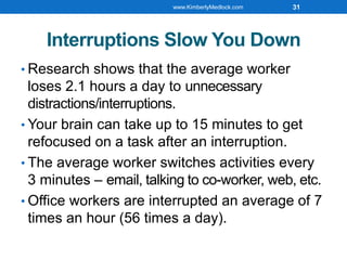 Interruptions Slow You Down
• Research shows that the average worker
loses 2.1 hours a day to unnecessary
distractions/interruptions.
• Your brain can take up to 15 minutes to get
refocused on a task after an interruption.
• The average worker switches activities every
3 minutes – email, talking to co-worker, web, etc.
• Office workers are interrupted an average of 7
times an hour (56 times a day).
www.KimberlyMedlock.com 31
 