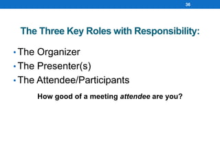 The Three Key Roles with Responsibility:
• The Organizer
• The Presenter(s)
• The Attendee/Participants
How good of a meeting attendee are you?
www.KimberlyMedlock.com
36
 