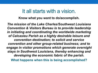 It all starts with a vision.
Know what you want to do/accomplish.
The mission of the Lake Charles/Southwest Louisiana
Convention & Visitors Bureau is to provide leadership
in initiating and coordinating the worldwide marketing
of Calcasieu Parish as a highly desirable leisure and
convention destination; to solicit and service
convention and other group-related business; and to
engage in visitor promotions which generate overnight
stays in Southwest Louisiana, thereby enhancing and
developing the economic fabric of the parish.
What happens when this is being accomplished?
 
