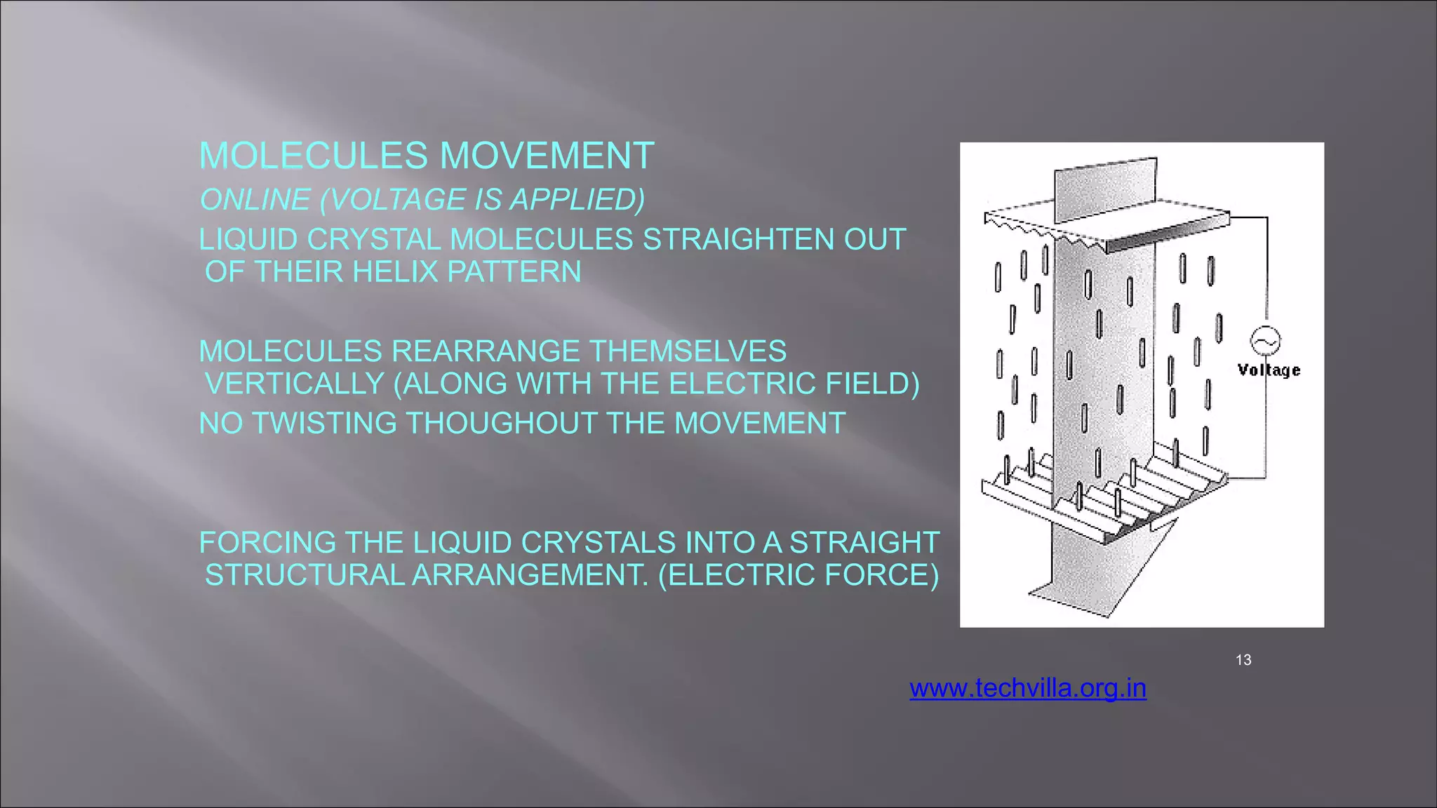 MOLECULES MOVEMENT
ONLINE (VOLTAGE IS APPLIED)
LIQUID CRYSTAL MOLECULES STRAIGHTEN OUT
OF THEIR HELIX PATTERN
MOLECULES REARRANGE THEMSELVES
VERTICALLY (ALONG WITH THE ELECTRIC FIELD)
NO TWISTING THOUGHOUT THE MOVEMENT
FORCING THE LIQUID CRYSTALS INTO A STRAIGHT
STRUCTURAL ARRANGEMENT. (ELECTRIC FORCE)
13
www.techvilla.org.in
 