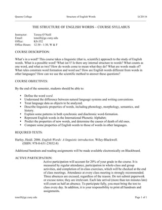 Lcd 116 the structure of english words 2012 fall term (1) (queens college)syllabus  | PDF