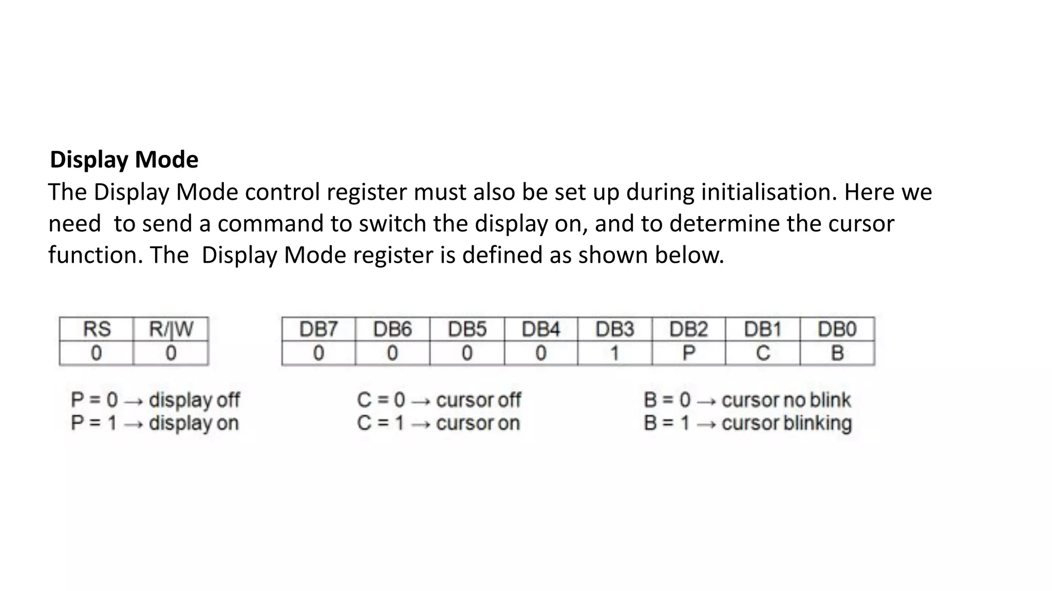 Display Mode
The Display Mode control register must also be set up during initialisation. Here we
need to send a command to switch the display on, and to determine the cursor
function. The Display Mode register is defined as shown below.
 