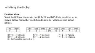 Initialising the display
Function Mode
To set the LCD function mode, the RS, R/|W and DB0-7 bits should be set as
shown below. Remember in 4-bit mode, data bus values are sent as two
nibbles.
 