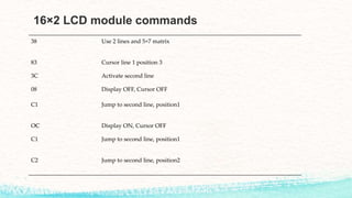 16×2 LCD module commands
38 Use 2 lines and 5×7 matrix
83 Cursor line 1 position 3
3C Activate second line
08 Display OFF, Cursor OFF
C1 Jump to second line, position1
OC Display ON, Cursor OFF
C1 Jump to second line, position1
C2 Jump to second line, position2
 