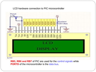 LCD hardware connection to PIC microcontroller 
RB5, RB6 and RB7 of PIC are used for the control signals while 
PORTD of the microcontroller is the data bus. 
 