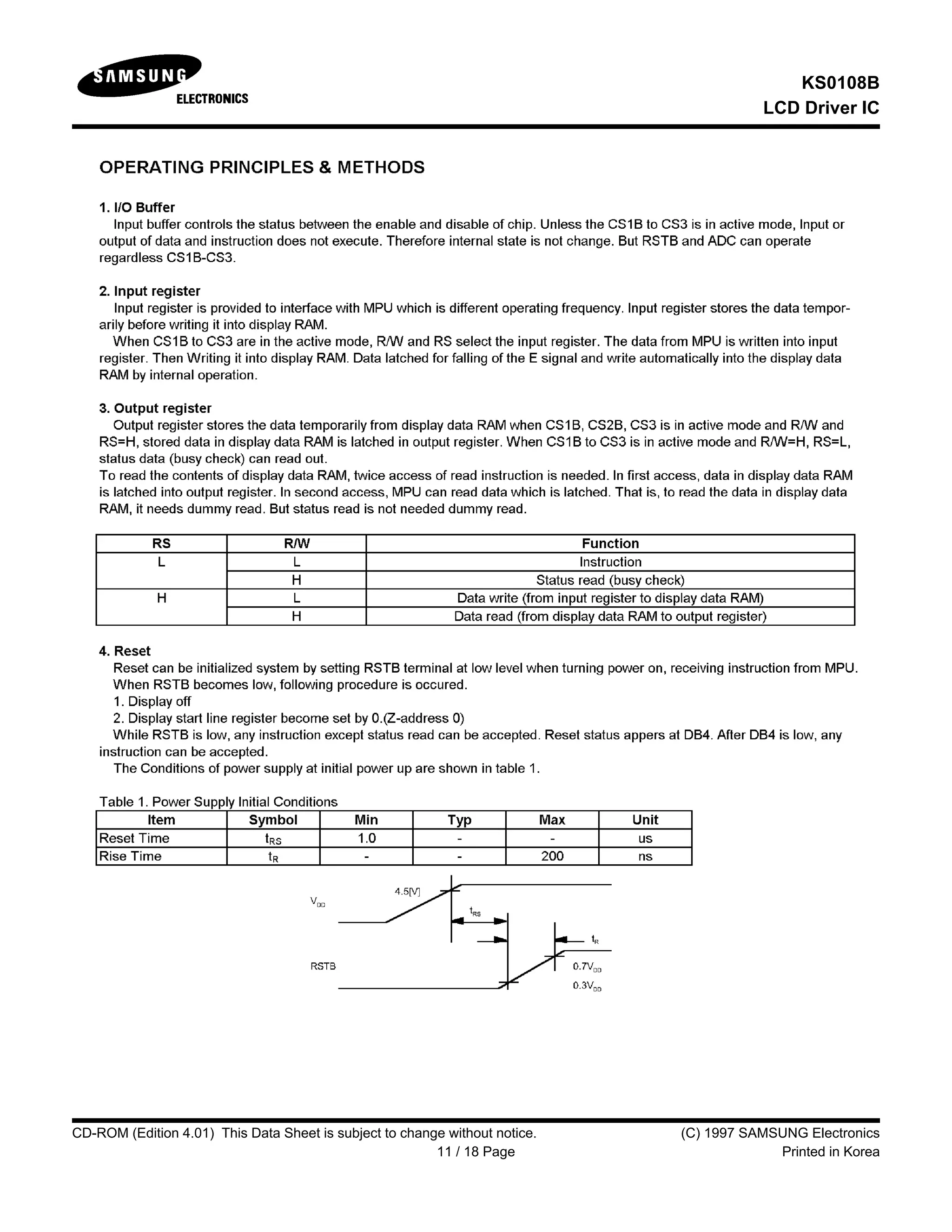 KS0108B
LCD Driver IC
CD-ROM (Edition 4.01) This Data Sheet is subject to change without notice. (C) 1997 SAMSUNG Electronics
11 / 18 Page Printed in Korea
 