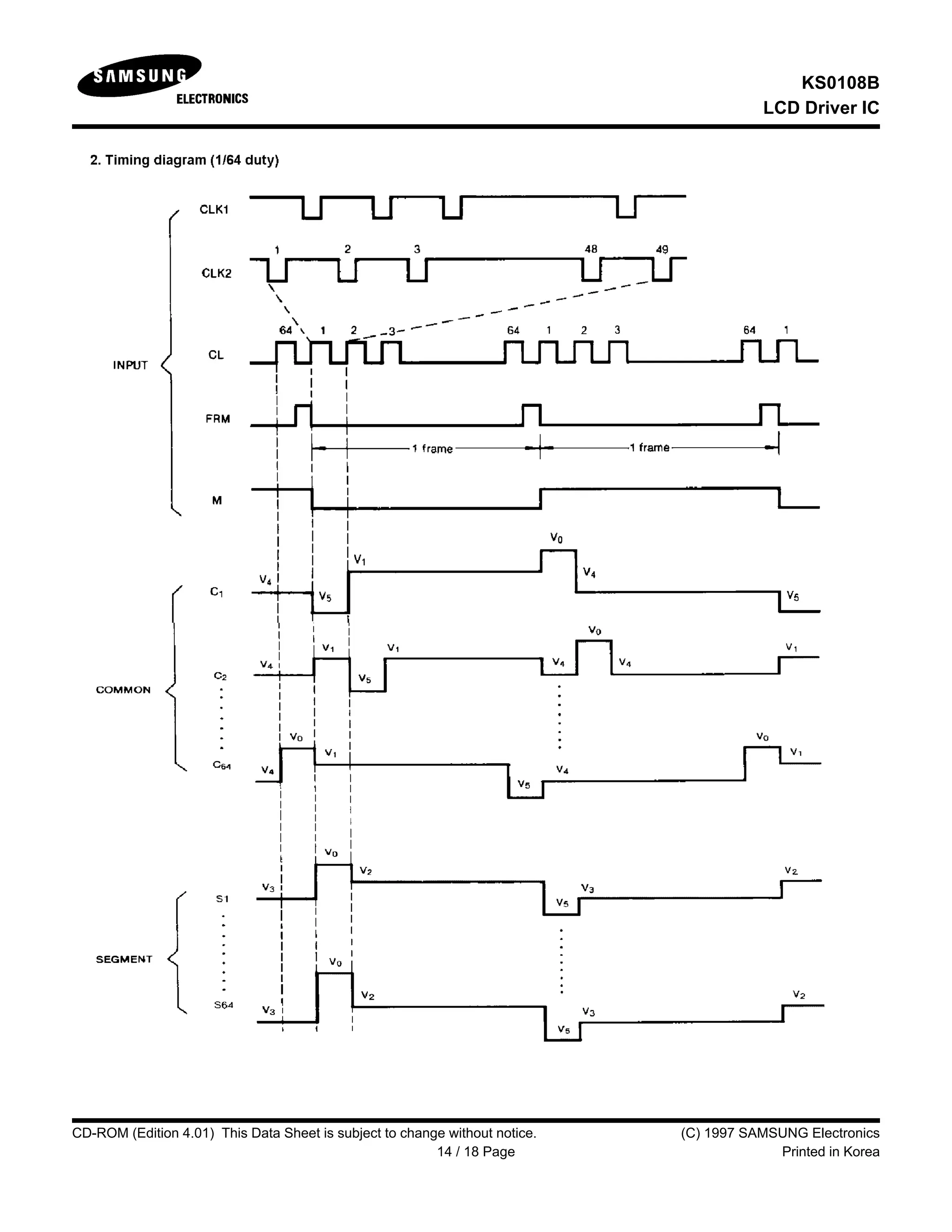 KS0108B
LCD Driver IC
CD-ROM (Edition 4.01) This Data Sheet is subject to change without notice. (C) 1997 SAMSUNG Electronics
14 / 18 Page Printed in Korea
 