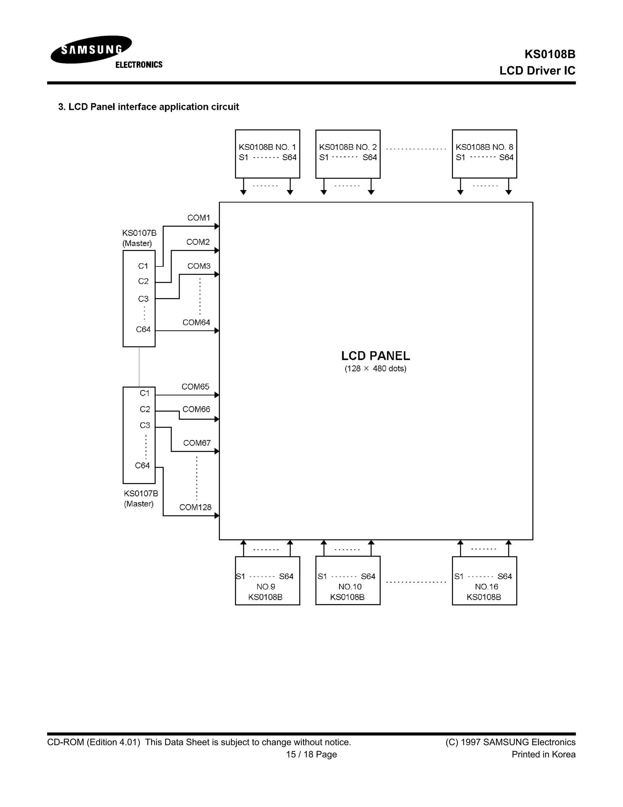 KS0108B
LCD Driver IC
CD-ROM (Edition 4.01) This Data Sheet is subject to change without notice. (C) 1997 SAMSUNG Electronics
15 / 18 Page Printed in Korea
 