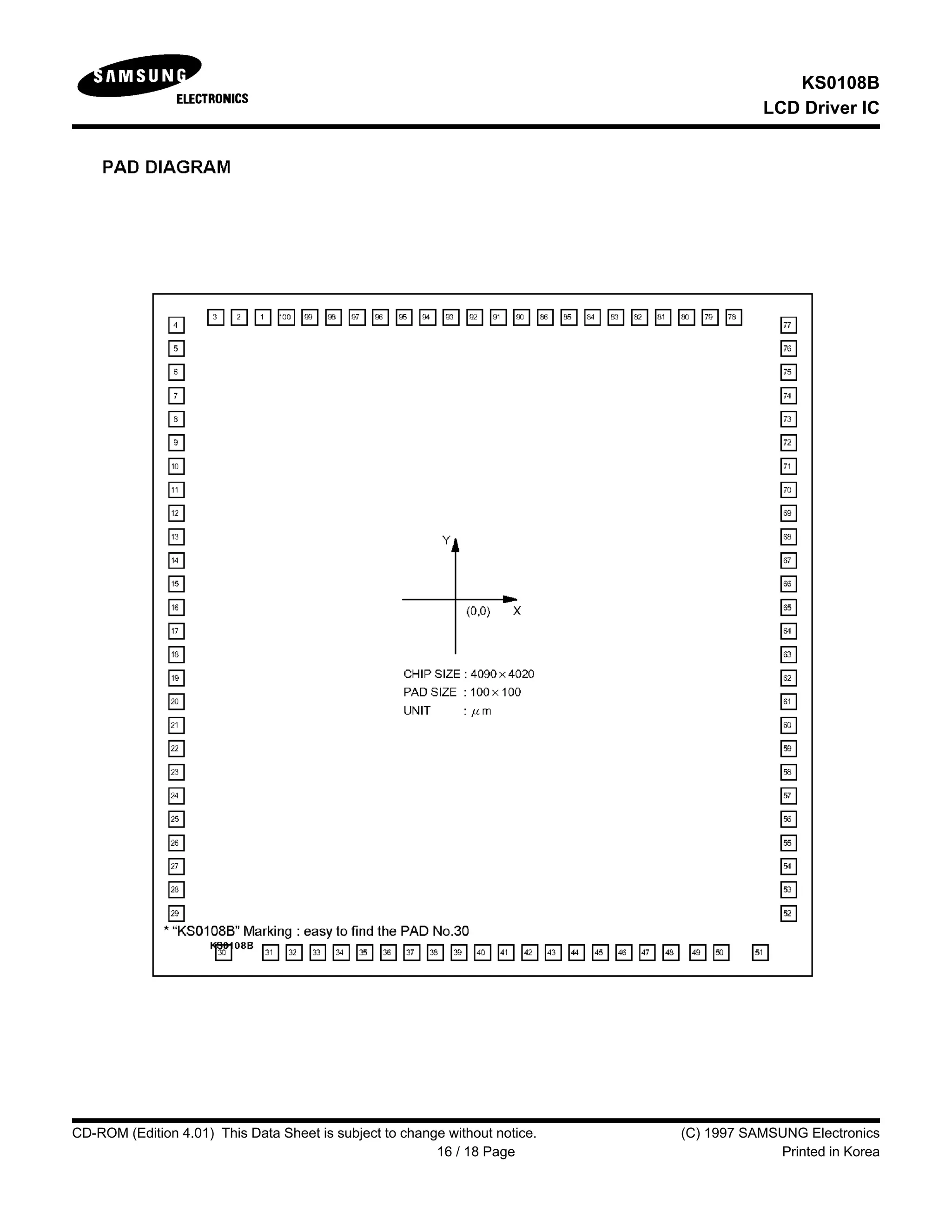 KS0108B
LCD Driver IC
CD-ROM (Edition 4.01) This Data Sheet is subject to change without notice. (C) 1997 SAMSUNG Electronics
16 / 18 Page Printed in Korea
 