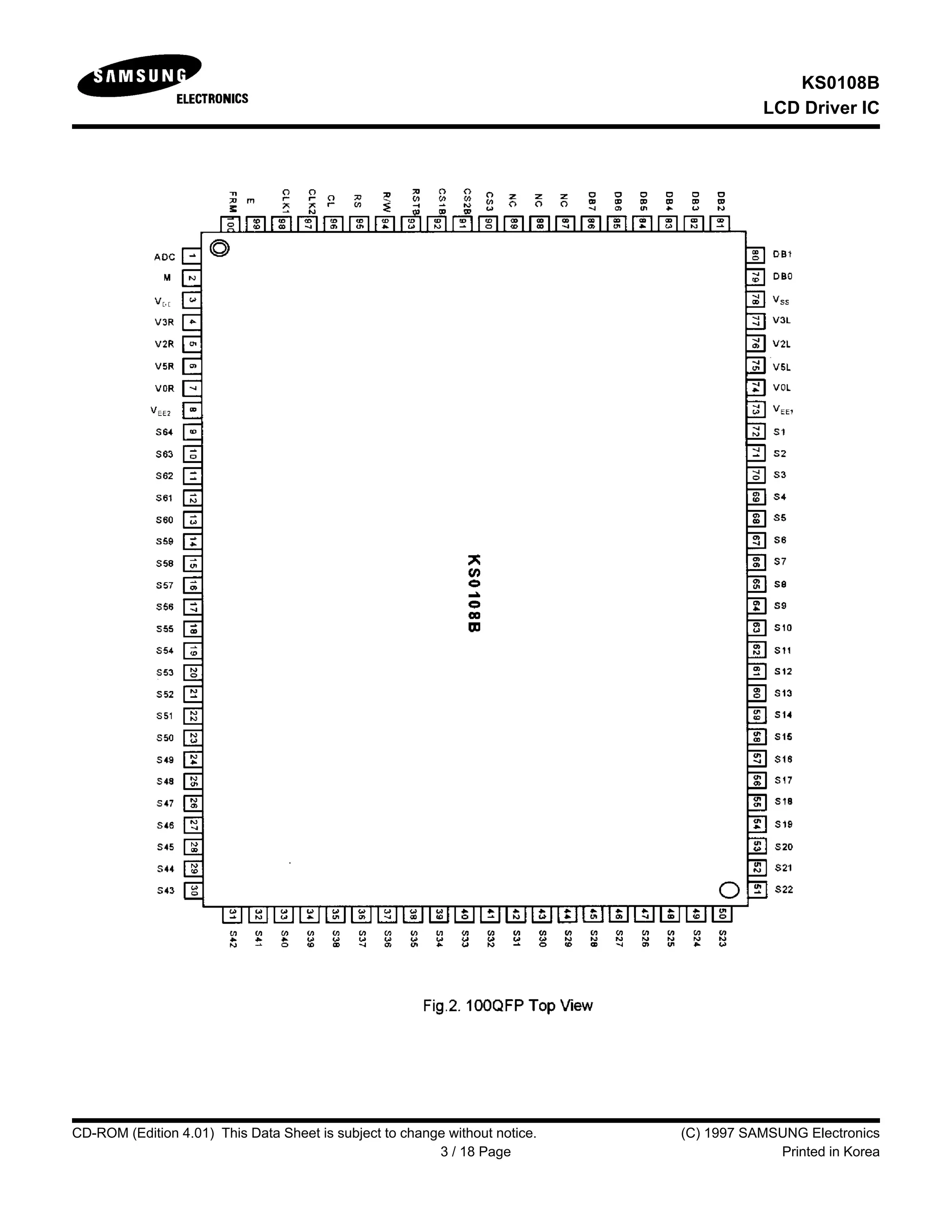 KS0108B
LCD Driver IC
CD-ROM (Edition 4.01) This Data Sheet is subject to change without notice. (C) 1997 SAMSUNG Electronics
3 / 18 Page Printed in Korea
 