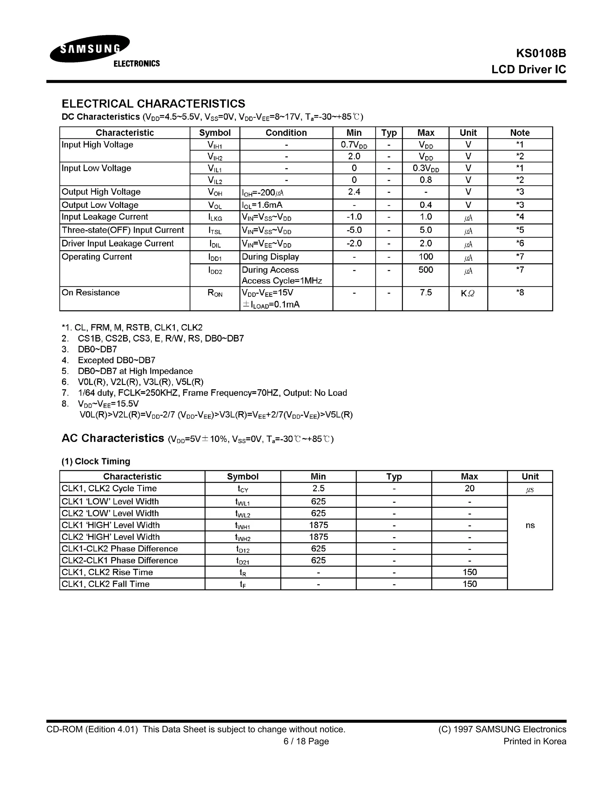 KS0108B
LCD Driver IC
CD-ROM (Edition 4.01) This Data Sheet is subject to change without notice. (C) 1997 SAMSUNG Electronics
6 / 18 Page Printed in Korea
 