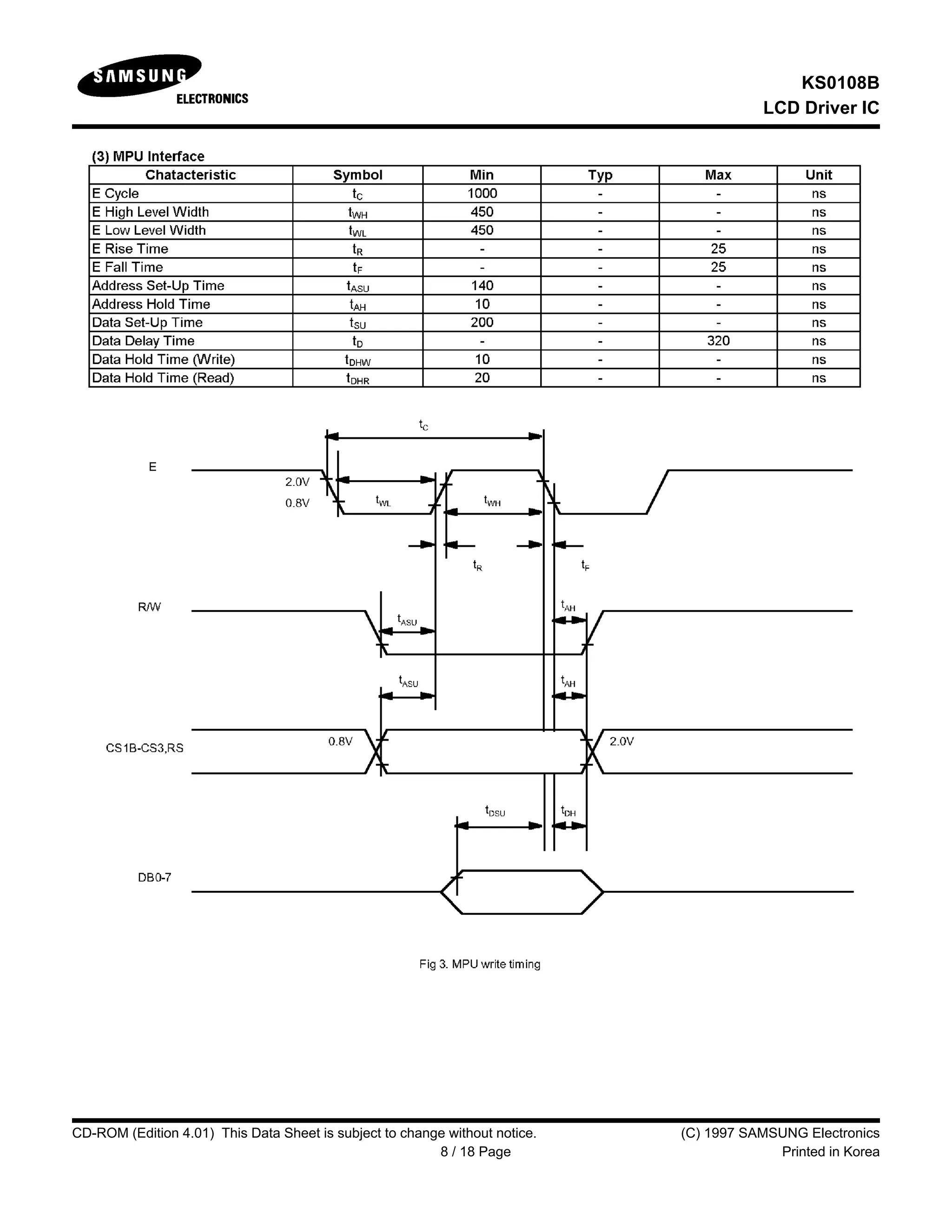 KS0108B
LCD Driver IC
CD-ROM (Edition 4.01) This Data Sheet is subject to change without notice. (C) 1997 SAMSUNG Electronics
8 / 18 Page Printed in Korea
 
