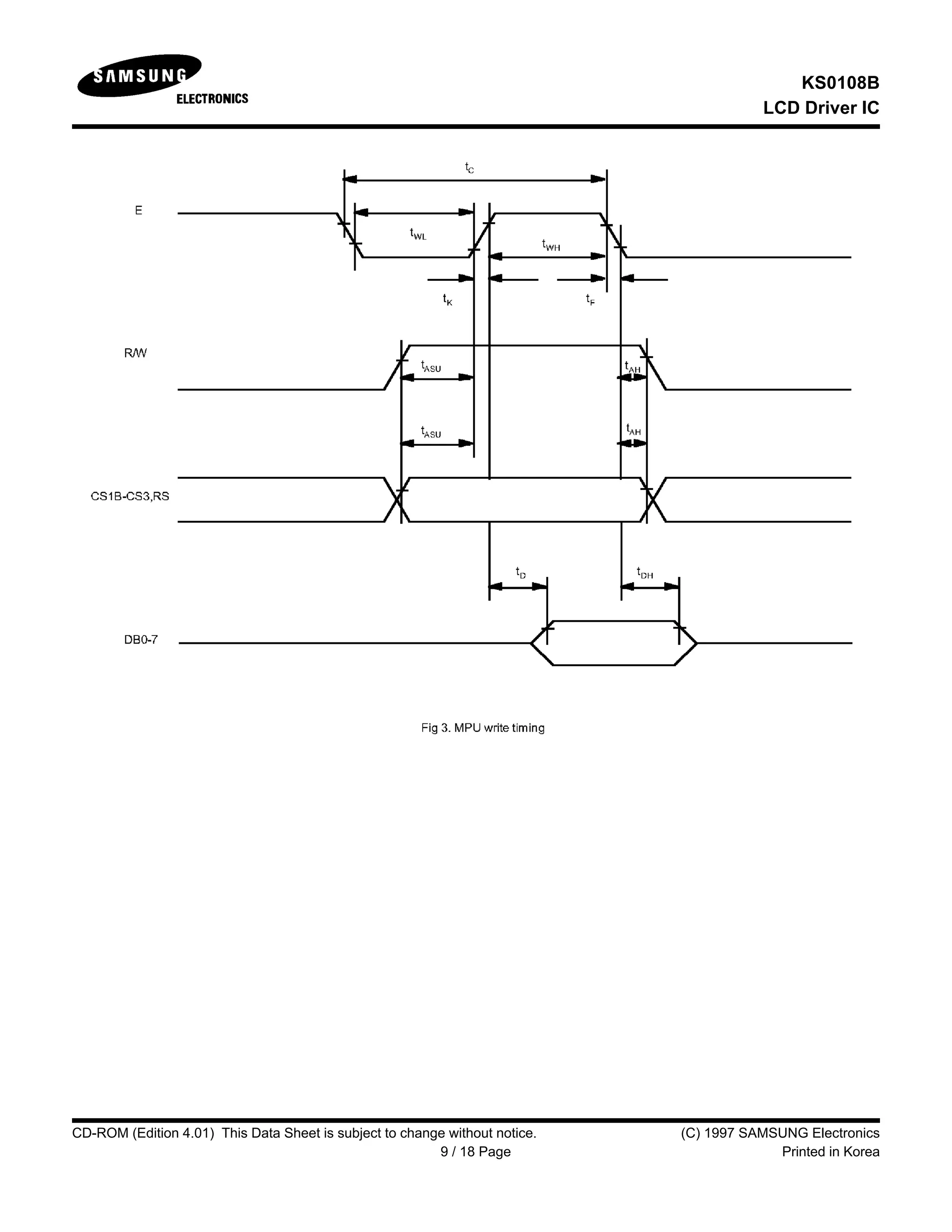 KS0108B
LCD Driver IC
CD-ROM (Edition 4.01) This Data Sheet is subject to change without notice. (C) 1997 SAMSUNG Electronics
9 / 18 Page Printed in Korea
 