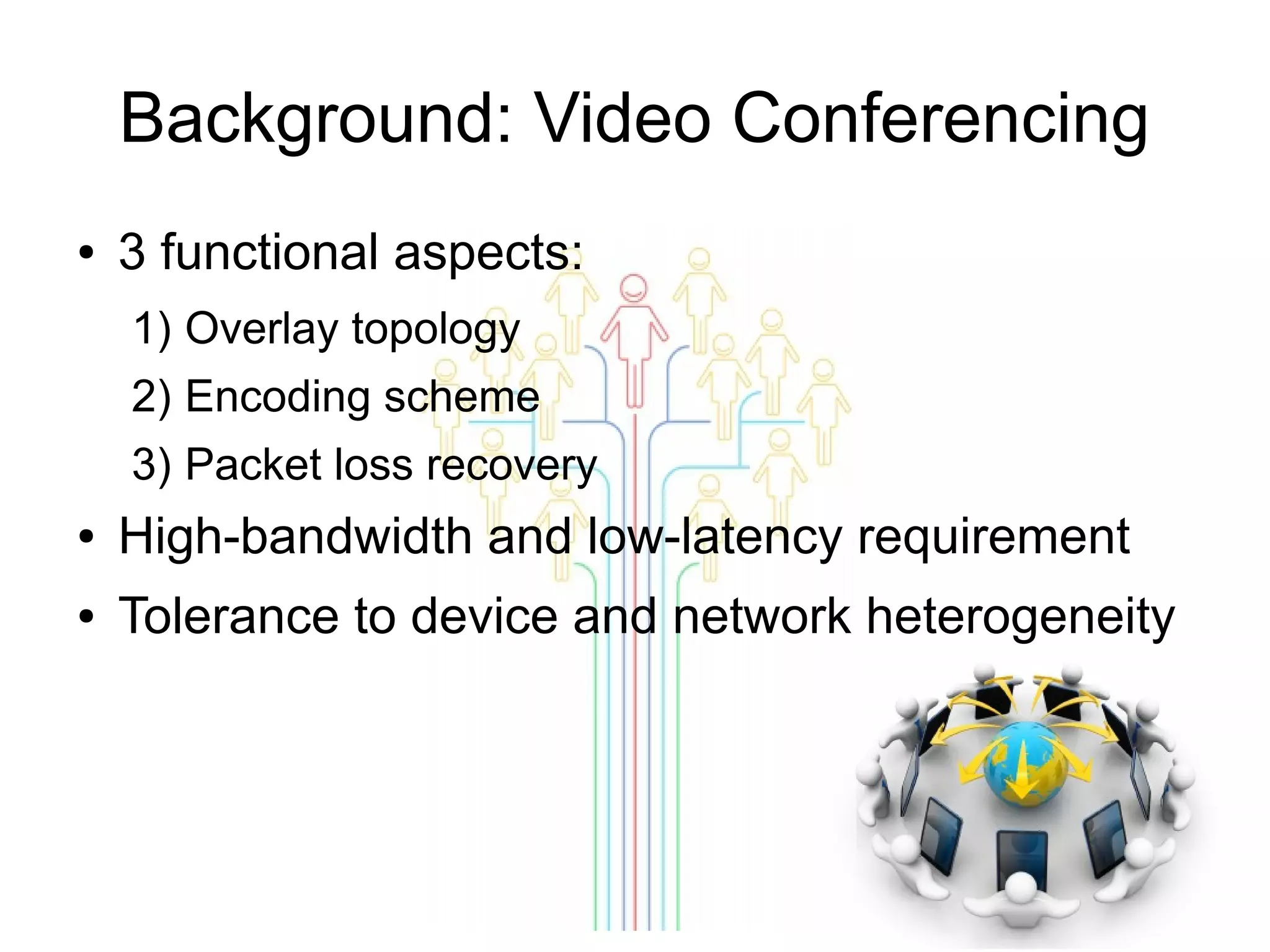 Background: Video Conferencing
●

3 functional aspects:
1) Overlay topology
2) Encoding scheme
3) Packet loss recovery

●

High-bandwidth and low-latency requirement

●

Tolerance to device and network heterogeneity

 