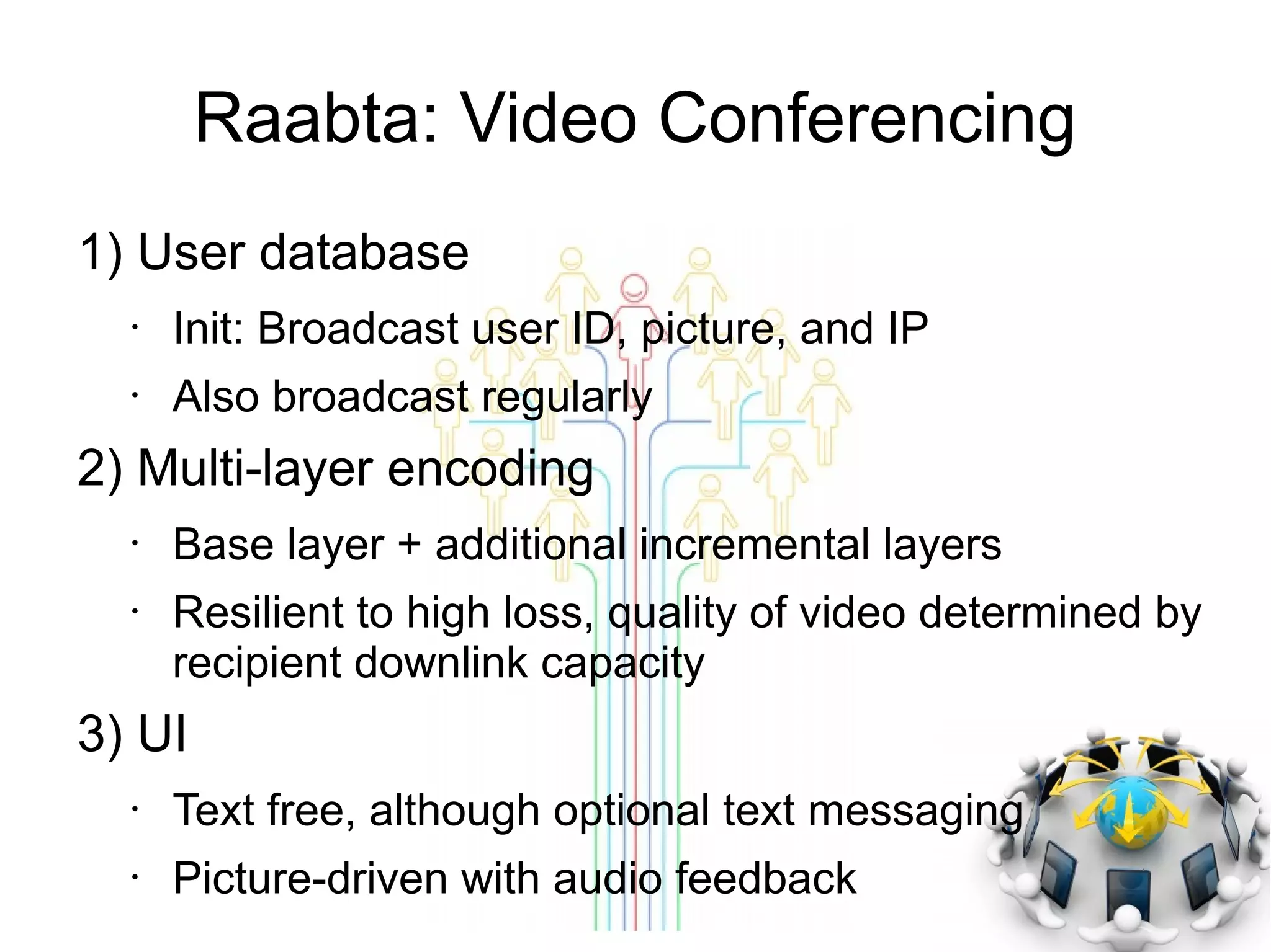 Raabta: Video Conferencing
1) User database
•

Init: Broadcast user ID, picture, and IP

•

Also broadcast regularly

2) Multi-layer encoding
•
•

Base layer + additional incremental layers
Resilient to high loss, quality of video determined by
recipient downlink capacity

3) UI
•

Text free, although optional text messaging

•

Picture-driven with audio feedback

 