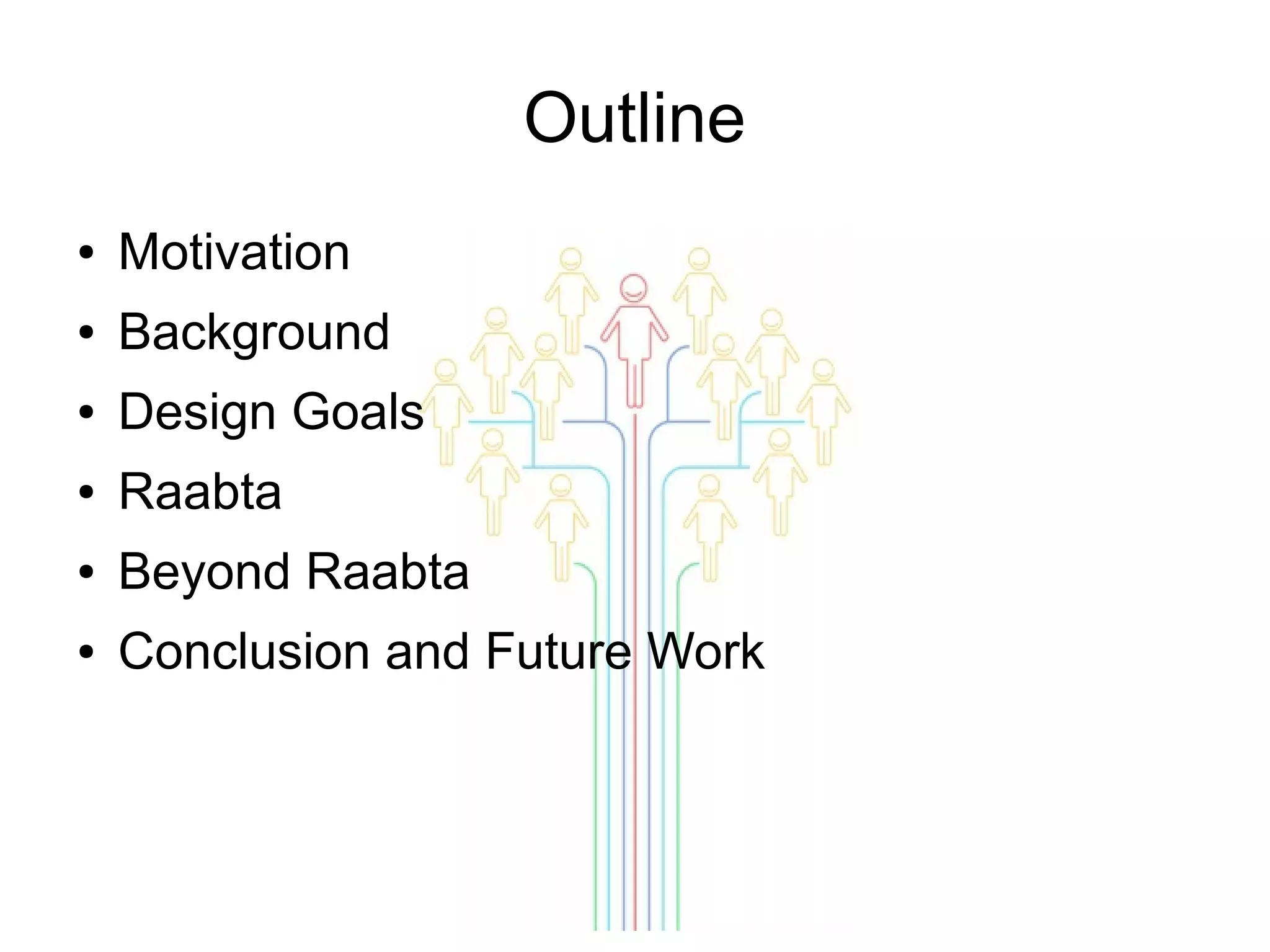 Outline
●

Motivation

●

Background

●

Design Goals

●

Raabta

●

Beyond Raabta

●

Conclusion and Future Work

 