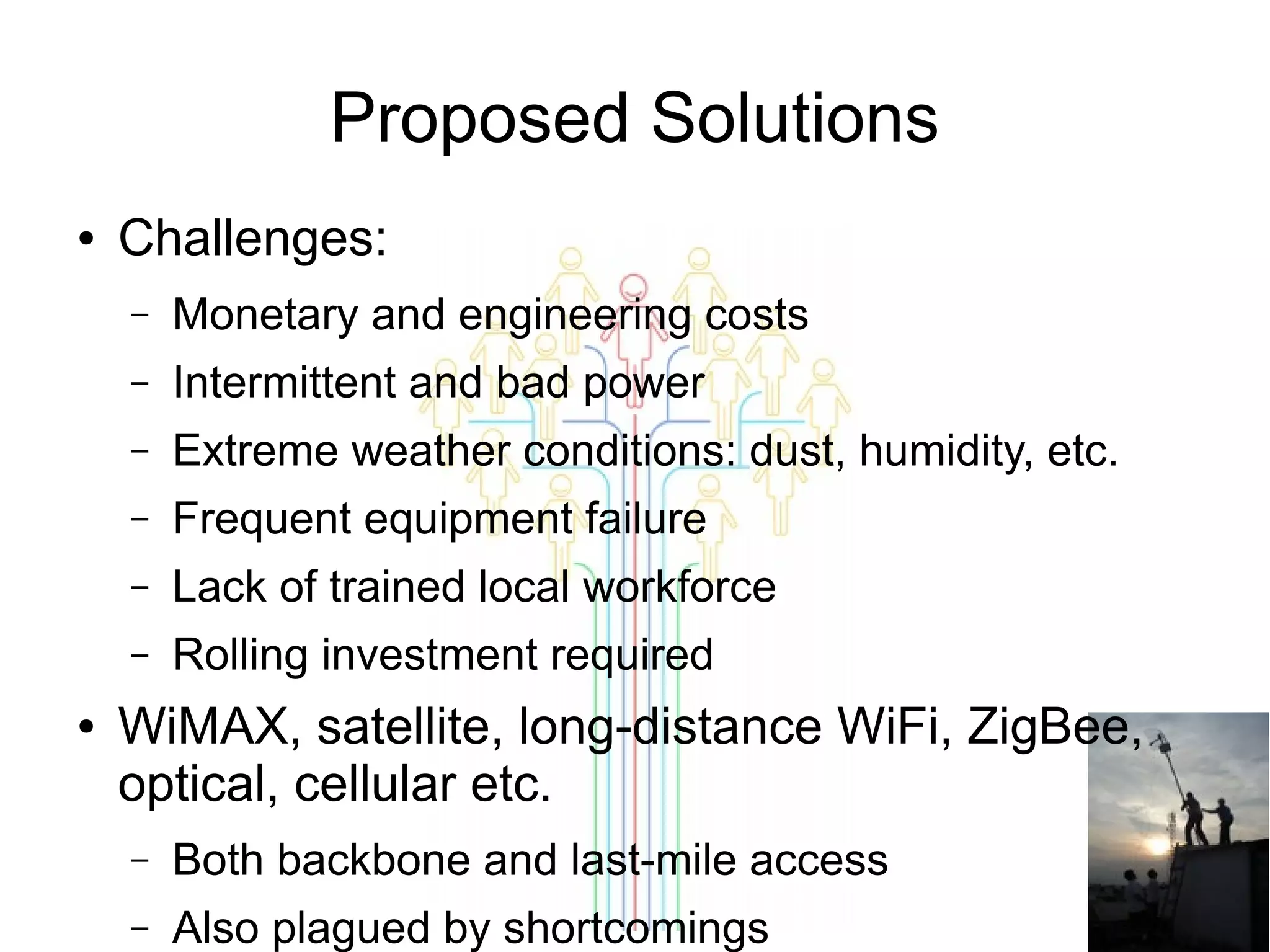 Proposed Solutions
●

Challenges:
–
–

Intermittent and bad power

–

Extreme weather conditions: dust, humidity, etc.

–

Frequent equipment failure

–

Lack of trained local workforce

–
●

Monetary and engineering costs

Rolling investment required

WiMAX, satellite, long-distance WiFi, ZigBee,
optical, cellular etc.
–

Both backbone and last-mile access

–

Also plagued by shortcomings

 