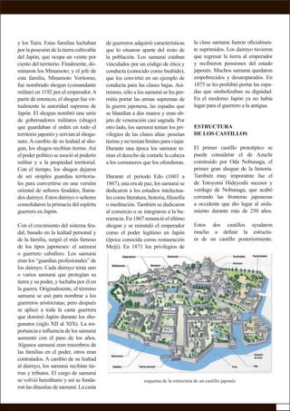 y los Taira. Estas familias luchaban
por la posesión de la tierra cultivable
del Japón, que ocupa un veinte por
ciento del territorio. Finalmente, do-
minaron los Minamoto; y el jefe de
esta familia, Minamoto Yoritomo,
fue nombrado shogun (comandante
militar) en 1192 por el emperador.A
partir de entonces, el shogun fue vir-
tualmente la autoridad suprema de
Japón. El shogun nombró una serie
de gobernadores militares (shugo)
que guardaban el orden en todo el
territorio japonés y servían al shogu-
nato. A cambio de su lealtad al sho-
gun, los shugos recibían tierras. Así
el poder político se asoció al poderío
militar y a la propiedad territorial.
Con el tiempo, los shugos dejaron
de ser simples guardias territoria-
les para convertirse en una versión
oriental de señores feudales, llama-
dos daimyo. Estos daimyo o señores
consolidaron la primacía del espíritu
guerrero en Japón.
Con el crecimiento del sistema feu-
dal, basado en la lealtad personal y
de la familia, surgió el más famoso
de los tipos japoneses: el samurai
o guerrero caballero. Los samurai
eran los “guardias profesionales” de
los daimyo. Cada daimyo tenía uno
o varios samurai que protegían su
tierra y su poder, y luchaba por él en
la guerra. Originalmente, el término
samurai se usó para nombrar a los
guerreros aristócratas; pero después
se aplicó a toda la casta guerrera
que dominó Japón durante los sho-
gunatos (siglo XII al XIX). La im-
portancia e inﬂuencia de los samurai
aumentó con el paso de los años.
Algunos samurai eran miembros de
las familias en el poder, otros eran
contratados. A cambio de su lealtad
al daimyo, los samurai recibían tie-
rras y tributos. El cargo de samurai
se volvió hereditario y así se funda-
ronlasdinastíasdesamurai.Lacasta
la clase samurai fueron oﬁcialmen-
te suprimidos. Los daimyo tuvieron
que regresar la tierra al emperador
y recibieron pensiones del estado
japonés. Muchos samurai quedaron
empobrecidos y desamparados. En
1875 se les prohibió portar las espa-
das que simbolizaban su dignidad.
En el moderno Japón ya no había
lugar para el guerrero a la antigua.
ESTRUCTURA
DE LOS CASTILLOS
El primer castillo prototípico se
puede considerar el de Azuchi
construido por Oda Nobunaga, el
primer gran shogun de la historia.
También muy imporatnte fue el
de Totoyomi Hideyoshi sucesor y
verdugo de Nobunaga, que acabó
cerrando las fronteras japonesas
a occidente que dio lugar al aisla-
miento durante más de 250 años.
Estos dos castillos ayudaron
mucho a deﬁnir la estructu-
ra de un castillo posteriormente.
de guerreros adquirió características
que lo situaron aparte del resto de
la población. Los samurai estaban
vinculados por un código de ética y
conducta (conocido como bushido),
que los convirtió en un ejemplo de
conducta para las clases bajas. Asi-
mismo, sólo a los samurai se les per-
mitía portar las armas supremas de
la guerra japonesa, las espadas que
se blandían a dos manos y eran ob-
jeto de veneración casi sagrada. Por
otro lado, los samurai tenían los pri-
vilegios de las clases altas: poseían
tierras y no tenían límites para viajar.
Durante una época los samurai te-
nían el derecho de cortarle la cabeza
a los comuneros que los ofendieran.
Durante el periodo Edo (1603 a
1867), una era de paz, los samurai se
dedicaron a los estudios intelectua-
les como literatura, historia, ﬁlosofía
o meditación. También se dedicaron
al comercio o se integraron a la bu-
rocracia. En 1867 renunció el último
shogun y se reinstaló el emperador
como el poder legítimo en Japón
(época conocida como restauración
Meiji). En 1871 los privilegios de
esquema de la estructura de un castillo japonés
 