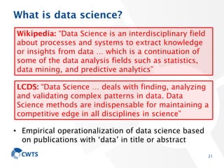 What is data science?
• Empirical operationalization of data science based
on publications with ‘data’ in title or abstract
21
Wikipedia: “Data Science is an interdisciplinary field
about processes and systems to extract knowledge
or insights from data … which is a continuation of
some of the data analysis fields such as statistics,
data mining, and predictive analytics”
LCDS: “Data Science … deals with finding, analyzing
and validating complex patterns in data. Data
Science methods are indispensable for maintaining a
competitive edge in all disciplines in science”
 