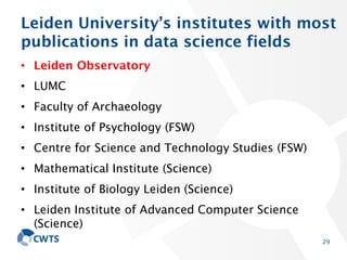 Leiden University’s institutes with most
publications in data science fields
• Leiden Observatory
• LUMC
• Faculty of Archaeology
• Institute of Psychology (FSW)
• Centre for Science and Technology Studies (FSW)
• Mathematical Institute (Science)
• Institute of Biology Leiden (Science)
• Leiden Institute of Advanced Computer Science
(Science)
29
 