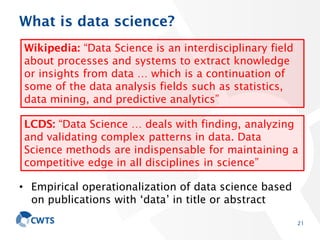 What is data science?
• Empirical operationalization of data science based
on publications with ‘data’ in title or abstrac...