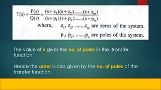 The value of n gives the no. of poles in the transfer
function.
Hence the order is also given by the no. of poles of the
transfer function.
 