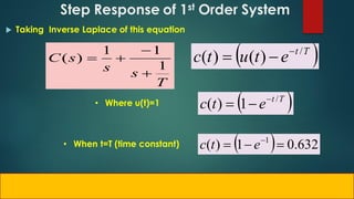 Step Response of 1st Order System
 Taking Inverse Laplace of this equation
 
T
t
e
t
u
t
c /
)
(
)
( 


• Where u(t)=1  
T
t
e
t
c /
1
)
( 


  632
.
0
1
)
( 1


 
e
t
c
• When t=T (time constant)
T
s
s
s
C
1
1
1
)
(




 