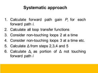 Systematic approach
1. Calculate forward path gain Pi for each
forward path i.
2. Calculate all loop transfer functions
3. Consider non-touching loops 2 at a time
4. Consider non-touching loops 3 at a time etc.
5. Calculate Δ from steps 2,3,4 and 5
6. Calculate Δi as portion of Δ not touching
forward path i
112
 