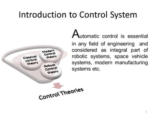 Introduction to Control System
3
Automatic control is essential
in any field of engineering and
considered as integral part of
robotic systems, space vehicle
systems, modern manufacturing
systems etc.
 