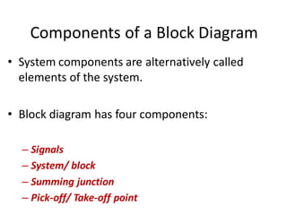 Components of a Block Diagram
• System components are alternatively called
elements of the system.
• Block diagram has four components:
– Signals
– System/ block
– Summing junction
– Pick-off/ Take-off point
 