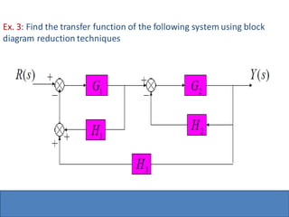 Ex. 3: Find the transfer function of the following system using block
diagram reduction techniques
 