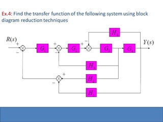 Ex.4: Find the transfer function of the following system using block
diagram reduction techniques
 
