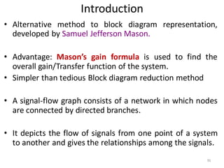 Introduction
91
• Alternative method to block diagram representation,
developed by Samuel Jefferson Mason.
• Advantage: Mason’s gain formula is used to find the
overall gain/Transfer function of the system.
• Simpler than tedious Block diagram reduction method
• A signal-flow graph consists of a network in which nodes
are connected by directed branches.
• It depicts the flow of signals from one point of a system
to another and gives the relationships among the signals.
 