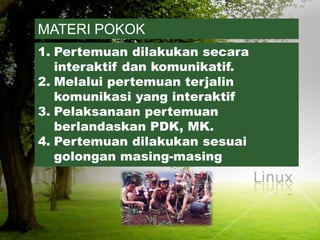 MATERI POKOK
1. Pertemuan dilakukan secara
interaktif dan komunikatif.
2. Melalui pertemuan terjalin
komunikasi yang interaktif
3. Pelaksanaan pertemuan
berlandaskan PDK, MK.
4. Pertemuan dilakukan sesuai
golongan masing-masing
 