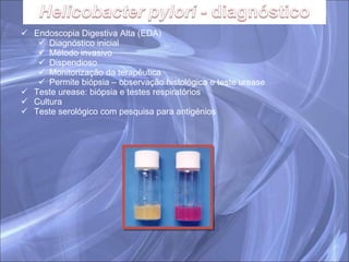 Endoscopia Digestiva Alta (EDA) Diagnóstico inicial Método invasivo Dispendioso Monitorização da terapêutica Permite biópsia – observação histológica e teste urease Teste urease: biópsia e testes respiratórios Cultura Teste serológico com pesquisa para antigénios 
