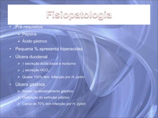 Pré-requisitos: Pepsina Ácido gástrico Pequena % apresenta hiperacidez Úlcera duodenal ↑  secreção ácida basal e nocturna ↓  secreção HCO 3 -   Quase 100% tem  infecção por  H. pylori Úlcera gástrica Atraso no esvaziamento gástrico Disfunção do esfíncter pilórico Cerca de 70% tem infecção por  H. pylori 