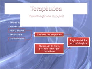 Testes de detecção da bactéria Amoxicilina Metronidazole Tetraciclina Claritromicina Resistências frequentes Regimes triplos ou quádruplos Supressão do ácido potencia eliminação bacteriana 