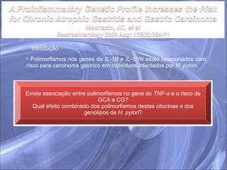 Introdução Polimorfismos nos genes da  IL-1B  e  IL-1RN  estão relacionados com risco para carcinoma gástrico em indivíduos infectados por  H. pylori. Existe associação entre polimorfismos no gene do  TNF- α  e o risco de GCA e CG? Qual efeito combinado dos polimorfismos destas citocinas e dos genótipos de  H. pylori ? 
