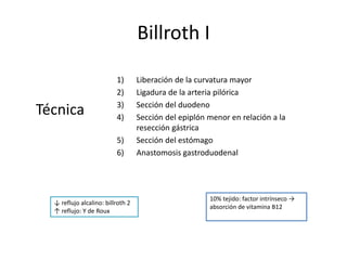 Billroth I
↓ reflujo alcalino: billroth 2
↑ reflujo: Y de Roux
10% tejido: factor intrínseco →
absorción de vitamina B12
Técnica
1) Liberación de la curvatura mayor
2) Ligadura de la arteria pilórica
3) Sección del duodeno
4) Sección del epiplón menor en relación a la
resección gástrica
5) Sección del estómago
6) Anastomosis gastroduodenal
 