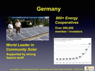 Germany
Joy Hughes - Powering Planet Earth: Community and Shared Solar Worldwide - LCES 2014
World Leader in
Community Solar
800+ Energy
Cooperatives
Over 200,000
member / investors
Supported by strong
feed-in tariff
Horb Ecumenical Energy Cooperative, Stuttgart
 