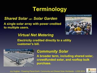 Terminology
Shared Solar -or- Solar Garden
Joy Hughes - Powering Planet Earth: Community and Shared Solar Worldwide - LCES 2014
A single solar array with power credited
to multiple users.
Virtual Net Metering
Electricity credited directly to a utility
customer’s bill.
Community Solar
A broader term, including shared solar,
crowdfunded solar, and rooftop bulk
purchase.
Ellensburg Solar Community, Washington
Arizona Community Solar Plant
 