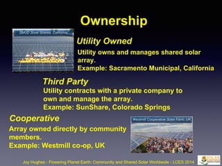 Ownership
Utility Owned
Joy Hughes - Powering Planet Earth: Community and Shared Solar Worldwide - LCES 2014
Utility owns and manages shared solar
array.
Example: Sacramento Municipal, California
Third Party
Utility contracts with a private company to
own and manage the array.
Example: SunShare, Colorado Springs
Cooperative
Array owned directly by community
members.
Example: Westmill co-op, UK
SMUD Solar Shares, California
Westmill Cooperative Solar Farm, UK
 