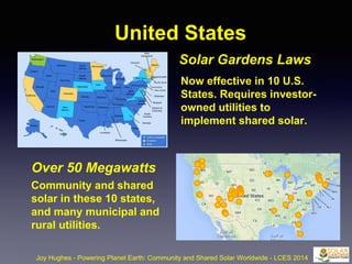 United States
Joy Hughes - Powering Planet Earth: Community and Shared Solar Worldwide - LCES 2014
Over 50 Megawatts
Community and shared
solar in these 10 states,
and many municipal and
rural utilities.
Solar Gardens Laws
Now effective in 10 U.S.
States. Requires investor-
owned utilities to
implement shared solar.
 