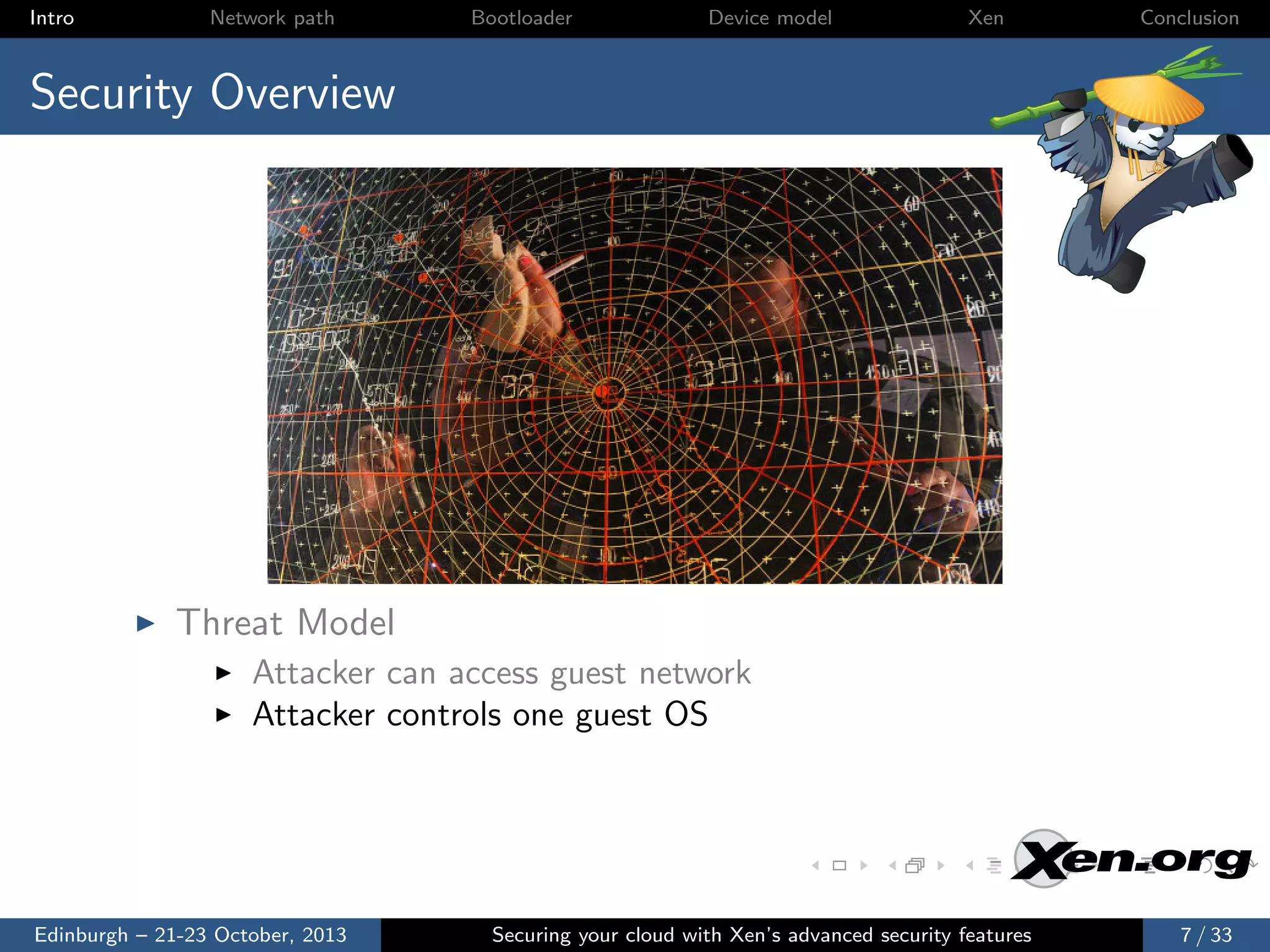Intro

Network path

Bootloader

Device model

Xen

Conclusion

Security Overview

Threat Model
Attacker can access guest network
Attacker controls one guest OS

Edinburgh – 21-23 October, 2013

Securing your cloud with Xen’s advanced security features

7 / 33

 
