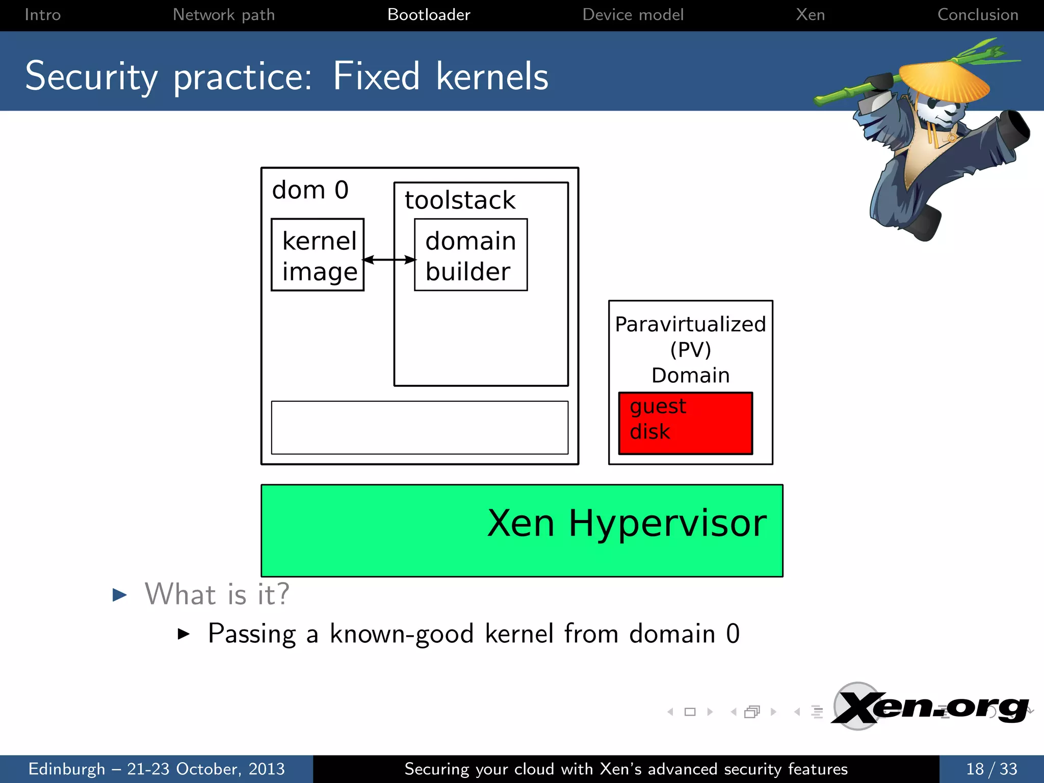 Intro

Network path

Bootloader

Device model

Xen

Conclusion

Security practice: Fixed kernels
dom 0
kernel
image

toolstack
domain
builder
Paravirtualized
(PV)
Domain
guest
disk

Xen Hypervisor
What is it?
Passing a known-good kernel from domain 0

Edinburgh – 21-23 October, 2013

Securing your cloud with Xen’s advanced security features

18 / 33

 