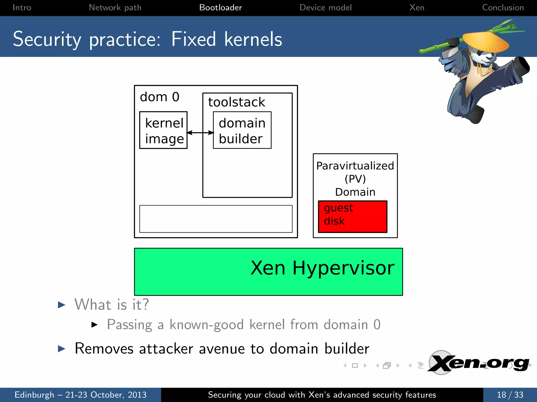 Intro

Network path

Bootloader

Device model

Xen

Conclusion

Security practice: Fixed kernels
dom 0
kernel
image

toolstack
domain
builder
Paravirtualized
(PV)
Domain
guest
disk

Xen Hypervisor
What is it?
Passing a known-good kernel from domain 0

Removes attacker avenue to domain builder
Edinburgh – 21-23 October, 2013

Securing your cloud with Xen’s advanced security features

18 / 33

 