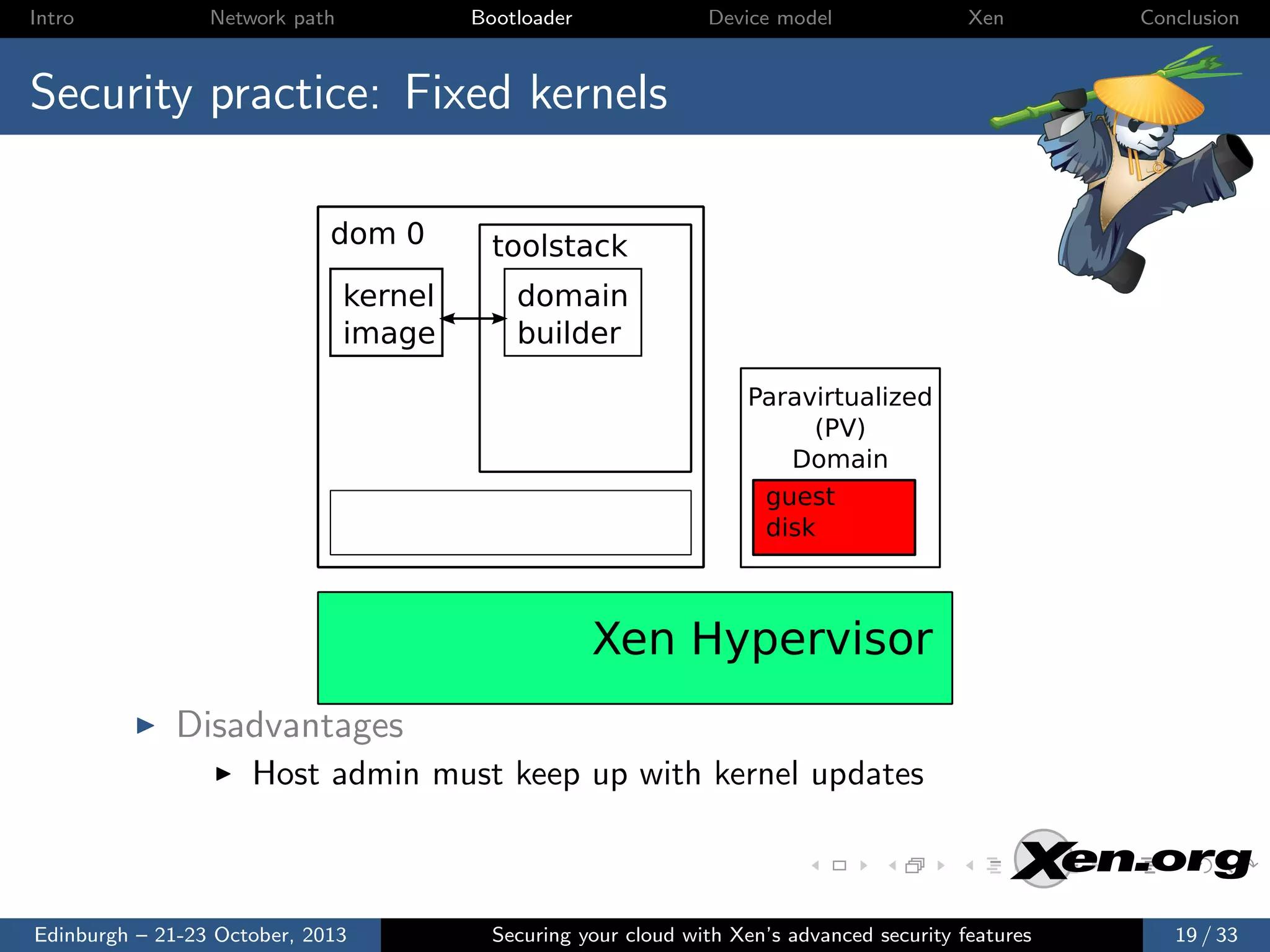 Intro

Network path

Bootloader

Device model

Xen

Conclusion

Security practice: Fixed kernels
dom 0
kernel
image

toolstack
domain
builder
Paravirtualized
(PV)
Domain
guest
disk

Xen Hypervisor
Disadvantages
Host admin must keep up with kernel updates

Edinburgh – 21-23 October, 2013

Securing your cloud with Xen’s advanced security features

19 / 33

 