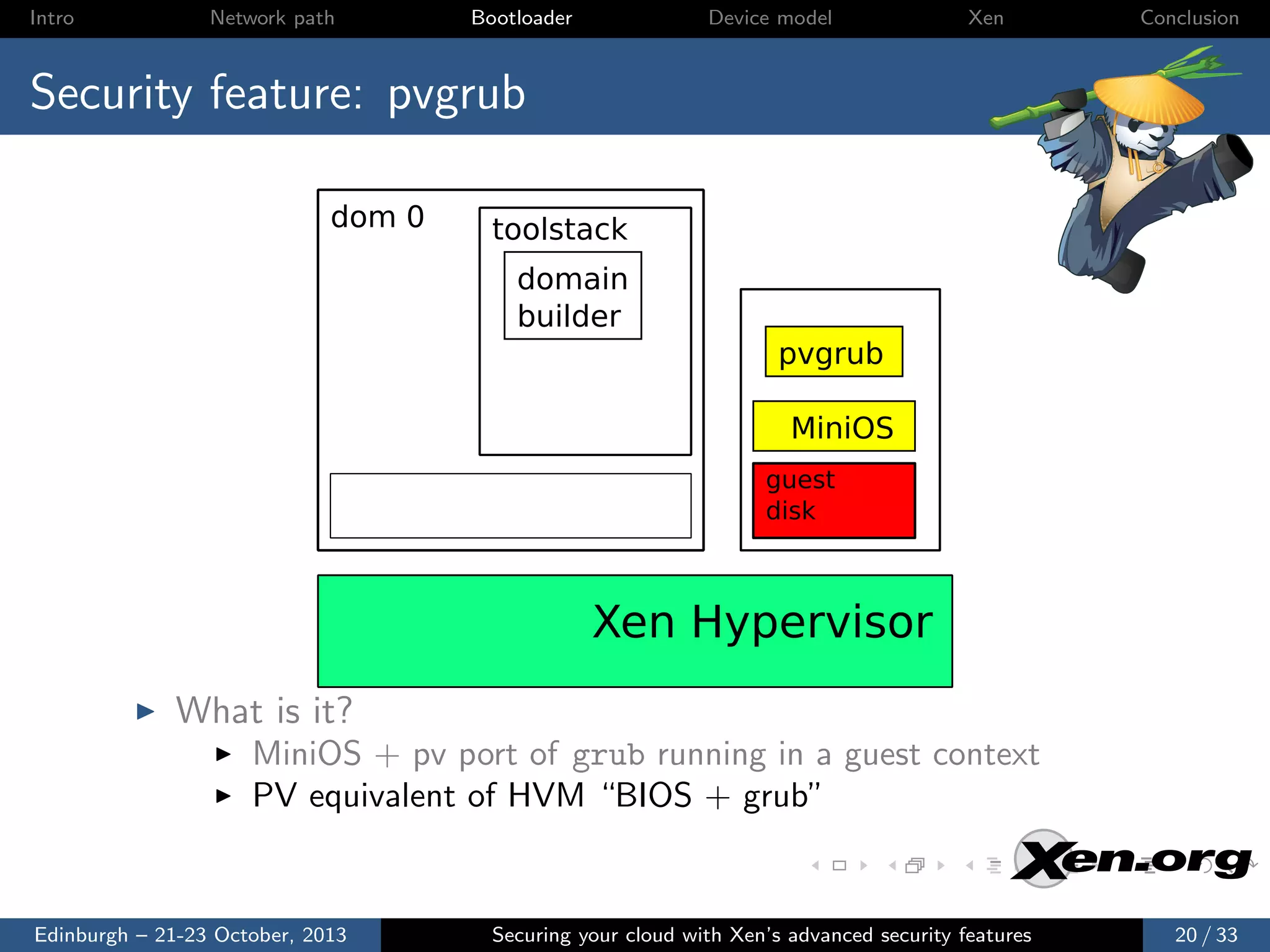 Intro

Network path

Bootloader

Device model

Xen

Conclusion

Security feature: pvgrub
dom 0

toolstack
domain
builder
pvgrub
MiniOS
guest
disk

Xen Hypervisor
What is it?
MiniOS + pv port of grub running in a guest context
PV equivalent of HVM “BIOS + grub”

Edinburgh – 21-23 October, 2013

Securing your cloud with Xen’s advanced security features

20 / 33

 