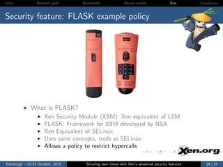 Intro

Network path

Bootloader

Device model

Xen

Conclusion

Security feature: FLASK example policy

What is FLASK?
Xen Security Module (XSM): Xen equivalent of LSM
FLASK: Framework for XSM developed by NSA
Xen Equivalent of SELinux
Uses same concepts, tools as SELinux
Allows a policy to restrict hypercalls
Edinburgh – 21-23 October, 2013

Securing your cloud with Xen’s advanced security features

28 / 33

 