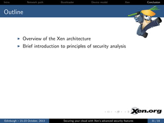 Intro

Network path

Bootloader

Device model

Xen

Conclusion

Outline

Overview of the Xen architecture
Brief introduction to principles of security analysis

Edinburgh – 21-23 October, 2013

Securing your cloud with Xen’s advanced security features

31 / 33

 